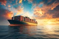 Industrial cargo container ship is floating in ocean with loaded colorful containers Royalty Free Stock Photo