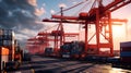 Industrial cargo port with multiple cargo containers stacked