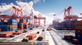 Industrial cargo port with multiple cargo containers stacked