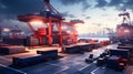 Industrial cargo port with multiple cargo containers stacked
