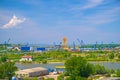 Industrial cargo port skyline, loading cranes Royalty Free Stock Photo