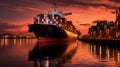 Industrial Cargo ship with large containers in harbor at sunset AI Generated Royalty Free Stock Photo