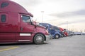 Industrial carriers big rigs semi trucks with loaded semi trailers standing in row on truck stop parking lot Royalty Free Stock Photo