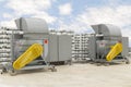 Industrial centrifugal fan and Exhaust vents of industrial air conditioning in ventilation systems. Skyscraper roof top from high Royalty Free Stock Photo