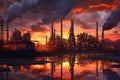industrial chemical plant with smokestacks at sunset Royalty Free Stock Photo