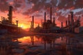 industrial chemical plant with smokestacks at sunset Royalty Free Stock Photo