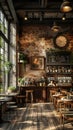 Industrial chic coffee shop with metal accents and communal seating3D render
