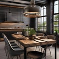 An industrial-chic loft dining area with a reclaimed wood table and metal chairs2