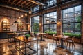 Industrial chic restaurant interior design with exposed brick walls and large windows. Generative AI Royalty Free Stock Photo