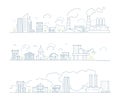 Industrial city landscape. Factory urban smog buildings and steam clouds transport bad environment vector linear Royalty Free Stock Photo