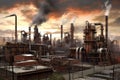 industrial city skyline with factory smokestacks