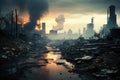 Industrial cityscape with smog and pollution, featuring dilapidated structures and ominous clouds