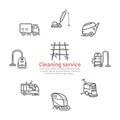 Industrial Cleaning Service banner. Worker. Vacuum Scrubber. Sweeper Machines. Thin line icon set. Vector illustration.