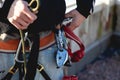 Climbing equipment on sporty male body Royalty Free Stock Photo