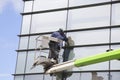 Industrial climber with cleaning equipment, washes windows Royalty Free Stock Photo