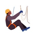 Industrial climber hanging high on ropes, work at height of professional worker character