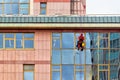 An industrial climber in a red uniform washes windows at a high altitude of an office building Royalty Free Stock Photo