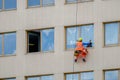 Industrial climber washes windows on the facade of a building in the business district Royalty Free Stock Photo