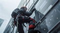 Industrial Climber Washing High-Rise Windows in the Snow. Generative ai