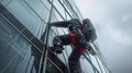 Industrial Climber Washing High-Rise Windows in the Snow. Generative ai