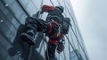 Industrial Climber Washing High-Rise Windows in the Snow. Generative ai