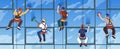 Industrial climbers. Cartoon professionals wash windows of skyscraper at height, safety cables, helmets and fasteners Royalty Free Stock Photo