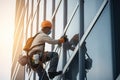 Industrial Climbers Cleaning Blue Windows Outside Building, Generative AI Illustration