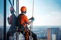 Industrial Climbers Cleaning Blue Windows Outside Building, Generative AI Illustration