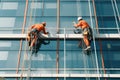 Industrial Climbers Cleaning Blue Windows Outside Building, Generative AI Illustration