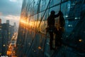 Industrial climbers cleaning blue windows outside building