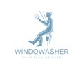 Industrial climbers wash windows building and skyscraper by using squeegee, logo design. Industrial mountaineering, window cleaner