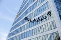 Industrial climbers wash the Windows of a modern skyscraper. men wash Windows on the evolution tower in Moscow City. Royalty Free Stock Photo