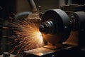 Industrial CNC lathe with sparks flying in the air. Cutting a cylindrical metal with a lathe grinder, AI Generated