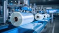Industrial coating machine laminating polyethylene film on paper rolls in automated factory line, AI generated Royalty Free Stock Photo