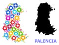 Industrial Collage Map of Palencia Province with Colorful Cogs