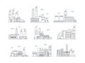 Industrial complex color icons set. Manufacturing plants isolated vector illustrations. Factory buildings and mass