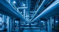 Industrial complex with extensive network of large metal pipes and walkways illuminated by blue artificial light Royalty Free Stock Photo