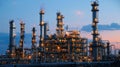 Petroleum Refinery Plant at Twilight: Industrial Complex with Glowing Lights Royalty Free Stock Photo