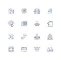 Industrial complex line icons collection. Production, Manufacturing, Assembly, Fabrication, Construction, Machining