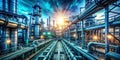 Industrial complex at sunset a panoramic view of modern refinery processing and production facilities. Generative AI Royalty Free Stock Photo