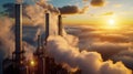 An industrial complex with tall smokestacks emits vapor into the clouds, set Royalty Free Stock Photo