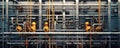 Industrial concept. Pipeline in a factory - valves, tubes, pressure gauges, thermometers. View from above. pipes, flow meter, Royalty Free Stock Photo