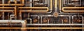 Industrial concept. Pipeline in a factory - valves, tubes, pressure gauges, thermometers. View from above. pipes, flow meter, Royalty Free Stock Photo