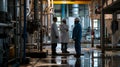 Factory workers in white coats standing in a factory, talking to each other