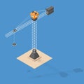 Industrial construction crane. Isometric crane with bricks, shadow, standing on sand Royalty Free Stock Photo