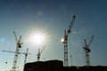 Industrial construction cranes and building silhouettes over sun at sunrise or sunset. Royalty Free Stock Photo