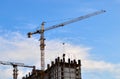 Industrial construction cranes and silhouettes of workers during installation of formwork Royalty Free Stock Photo