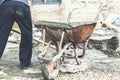 industrial construction labor work concrete mix with cart. Royalty Free Stock Photo