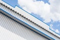 Industrial construction of Metal white sheet and blue corners. Roof sheet metal or corrugated roofs of factory building