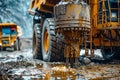 Industrial Construction Site with Focus on Excavator Bucket Among Heavy Machinery in Muddy Terrain Royalty Free Stock Photo